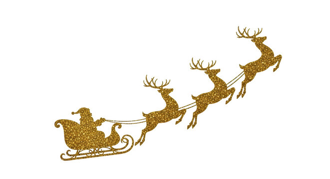 Isolated gold glitter Christmas holiday Santa Claus flying in sleigh with reindeer team, gold, holiday