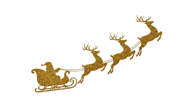 Isolated gold glitter Christmas holiday Santa Claus flying in sleigh with reindeer team, gold, holiday