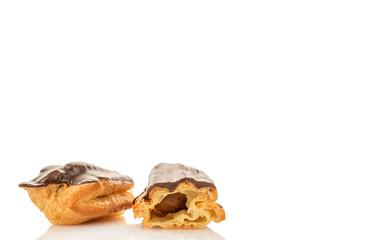 Chocolate sweet eclair, macro, isolated on white  background.