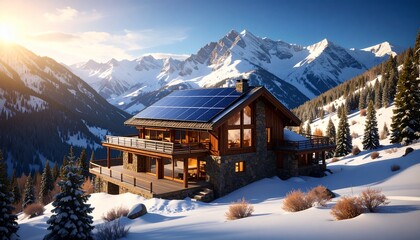 Mountain Chalet with Solar Panels in Aspen, Colorado &ndash; Sustainable Alpine Living and Renewable Energy in Winter Landscape