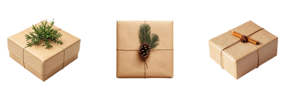 Three brown paper gift boxes are decorated with natural elements like pine branches, pinecone, and cinnamon stick, creating rustic and festive appearance