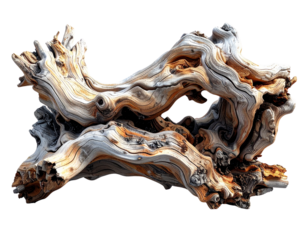 Minimalist weathered wooden sculpture isolated on transparent background PNG