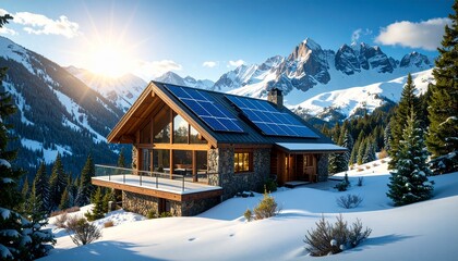 Fototapeta premium Mountain Chalet with Solar Panels in Aspen, Colorado – Sustainable Alpine Living and Renewable Energy in Winter Landscape
