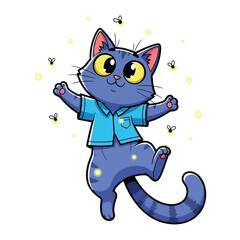 Whimsical Feline's Magical Dance: A delightful illustration of a cute cat dancing joyfully amidst enchanting fireflies, exuding an air of pure happiness. 