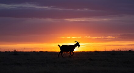 Silhouette of a goat walking across a grassy field at sunset with vibrant sky