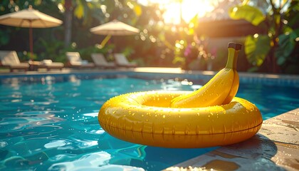 A vibrant yellow banana-shaped inflatable ring floats peacefully on a sunny pool's surface, bathed in warm, golden sunlight.