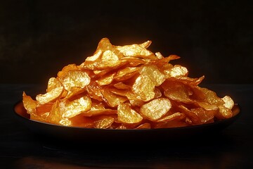 A heaping plate of golden potato chips sits against a dark background, creating a simple yet appetizing still life composition