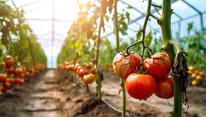Ripe tomatoes hanging from plants in a greenhouse