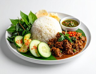 Spiced Beef with Steamed Rice and Fresh Vegetables