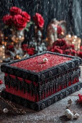 A crimson, ornate box sits amidst red roses and snowfall