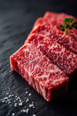 Close Up Raw Beef Slices On Dark Plate