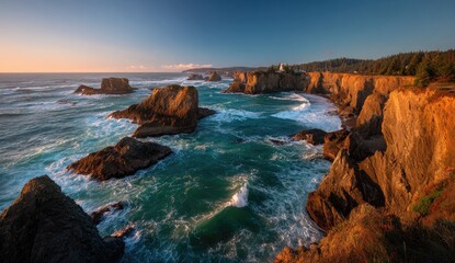 Coastal cliffs meet churning waves at sunset