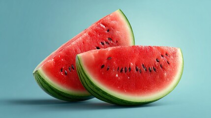 Two juicy watermelon slices on a blue background