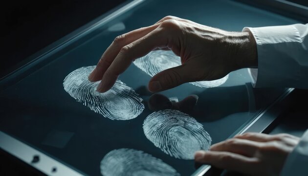Scientist is analyzing fingerprints on a digital tablet