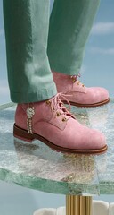 Pink suede hiking boots with pearl detailing on a glass platform.  Teal trousers.  Light teal/blue background