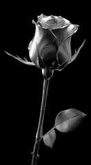 A stunning grayscale close-up of a single, metallic rose, highlighting its intricate details against a dramatic black background.