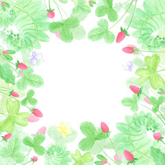 Hand drawn watercolor wild strawberry frame border. Illustration of berries and leaves with butterflies isolated on white background. Can be used for postcard, scrapbook and other printed products.