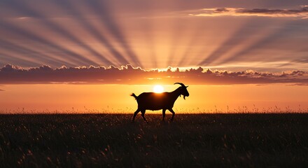 Silhouette of a goat walking through a grassy field at sunset with dramatic sun rays