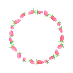 Hand drawn watercolor wild strawberry round frame border. Illustration of berries isolated on white background. Can be used for postcard, label, scrapbook and other printed products.