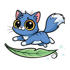 Playful Cat's Leaf Ride: An endearing cartoon illustration depicts a whimsical, blue cat leaping joyfully on a vibrant green leaf, exuding a sense of fun and wonder.