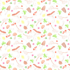 Hand drawn watercolor mushrooms leaves and berries seamless pattern. Illustration isolated on white background. Can be used for textile, fabric, scrapbook and other printed products.