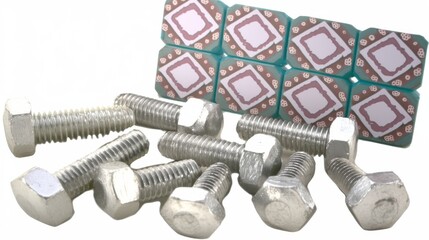 A collection of silver bolts and nuts placed artistically with patterned blocks in the background, evoking an industrial vibe.