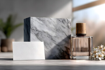 Marble & Perfume Bottle Branding Mockup with Blank Business Card