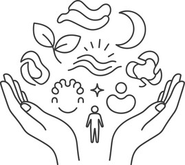 Caring hands hold diverse symbols of life, nature, and well-being under a celestial sky.
