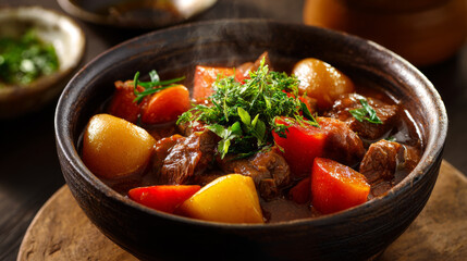 Beef stew with potatoes and carrots in rustic bowl garnished with fresh herbs, warm and hearty comfort food