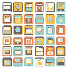 A vibrant collection of colorful digital icons featuring various technology symbols in a modern design.