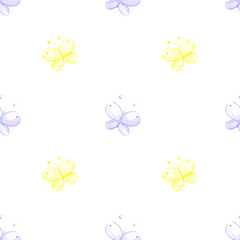 Hand drawn watercolor blue yellow butterflies seamless pattern. Illustration isolated on white background. Can be used for textile, fabric, scrapbook and other printed products.