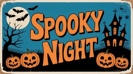 Spooky Night with Pumpkins, Haunted House, and Bats