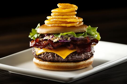 Gourmet cheeseburger with bacon, lettuce, onion rings, and coleslaw on a sesame seed bun, served on a white plate against a black background