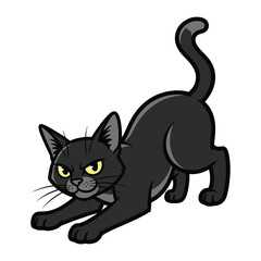Obraz premium Black Cat's Stretch: A sleek black cat with piercing yellow eyes stretches languidly, captured in a dynamic illustration, showcasing the feline's agility and grace.