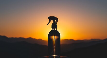 Silhouette of a spray bottle against a vibrant sunset over mountains