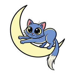 A Moonlit Cat's Serenade: A cute cartoon cat perched on a crescent moon, exuding a whimsical and playful vibe. The cat is the heart of the image