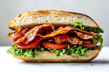 A tempting bacon, lettuce, and tomato sandwich on a crusty roll isolated on white background a perfect choice for a quick and tasty meal