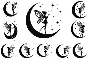 Black silhouette fairies on crescent moons with stars