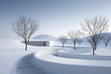 Snowy Winter Landscape With Modern Architecture