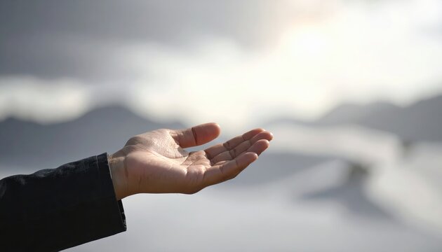An outstretched hand reaches out to the softly lit sky, a gesture of openness and hope against a blurred backdrop of misty mountains.