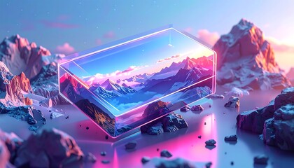 A crystalline box showcasing a mountain landscape