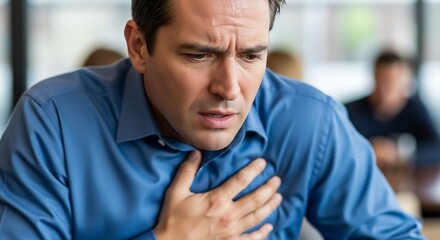 Fototapeta premium A man clutches his chest in distress, his face contorted with pain and concern, suggesting a medical emergency or severe emotional distress.