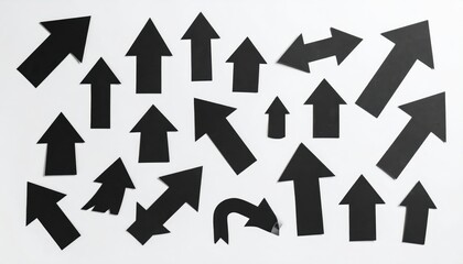 A diverse collection of black arrows of various shapes and directions on a plain white background creates a visually striking and thought-provoking composition.