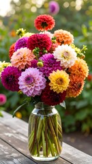 Colorful dahlia bouquet in a glass vase