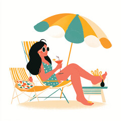 Woman enjoying a refreshing cocktail on the beach relaxing under a colorful umbrella in summer illustration