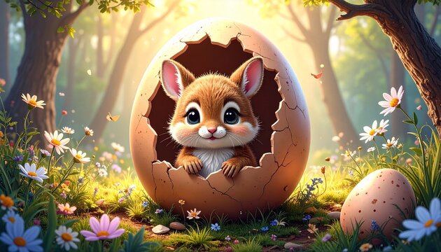 Cute Easter bunny emerging from a cracked eggshell in a sun-dappled forest clearing surrounded by wildflowers - Powered by Adobe