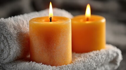 Two warm, yellow candles rest on white towels