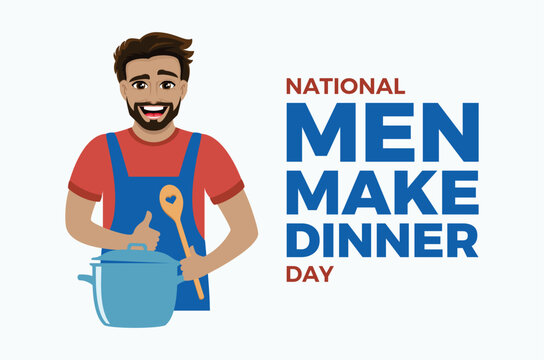 Men Make Dinner Day poster vector illustration. Happy man with a wooden spoon and cooking pot cartoon. Smiling guy cooking icon. Template for background, banner, card. In November each year - Powered by Adobe