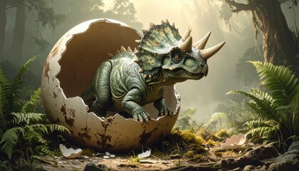 A charming baby triceratops with three horns hatches from a large egg amidst the ferns of an ancient, sun-drenched jungle
