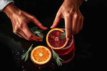 A pair of elegant hands artfully garnishing a vibrant drink with orange slices and fresh rosemary.